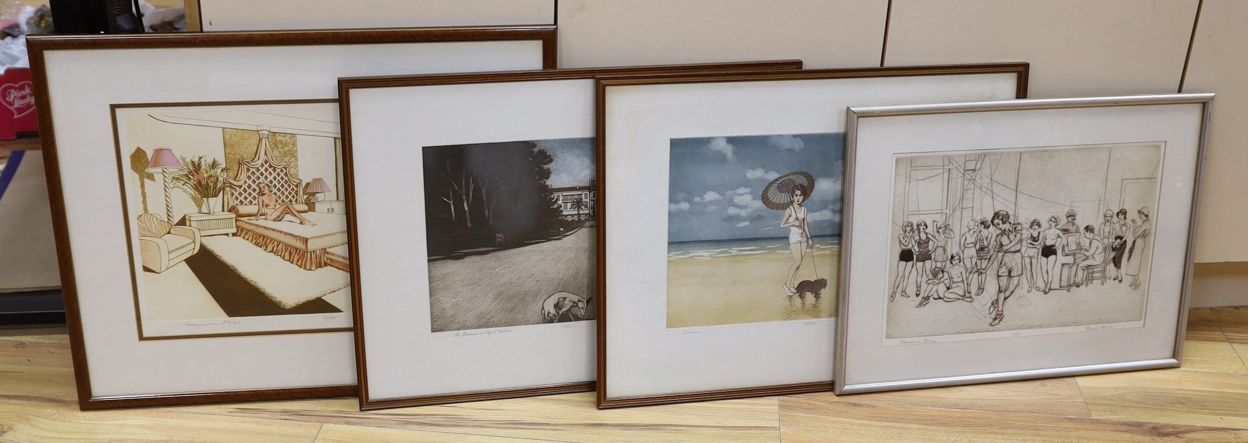 Frank Martin (1921-2005), four etchings, 'Broadway Babies', 'Oceana', 'The Avenue at Cap d'Antibes' and 'Honeymoon Hotel', all signed in pencil and numbered, largest 34 x 50cm